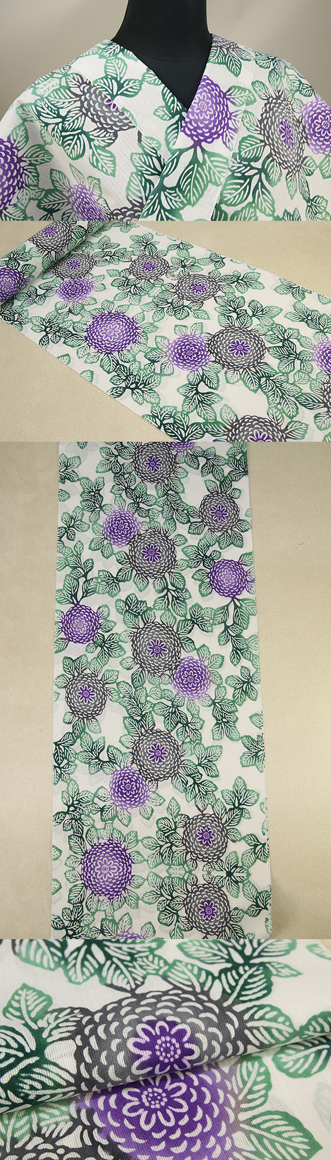 三勝 注染浴衣(ゆかた) 菊づくし 白×緑