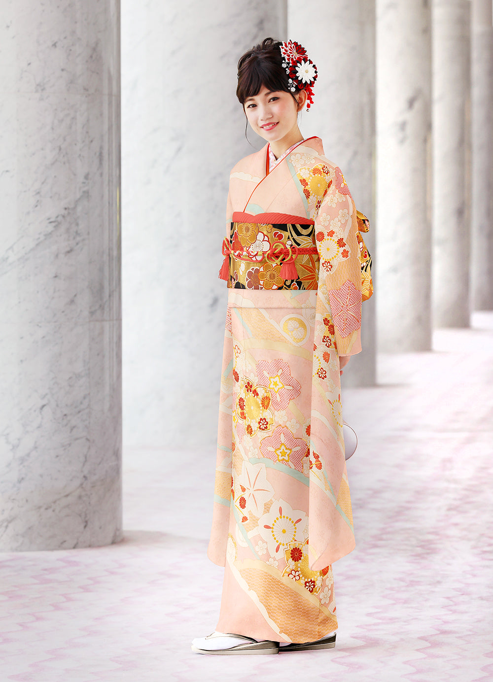 C◇着物くつろぎ 美品 振袖用襦袢 桜に御所車模様 カラシ色 正絹 襦袢