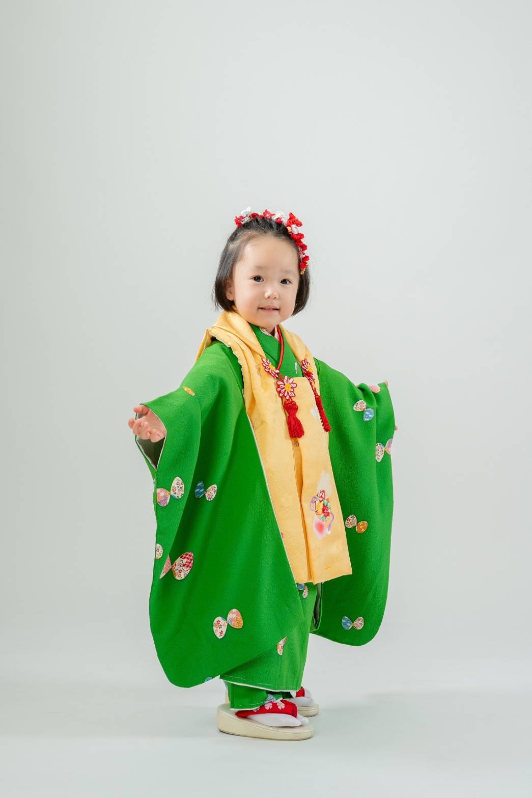 七五三の正絹着物レンタル】 三才の女の子用被布セット 着物：緑に