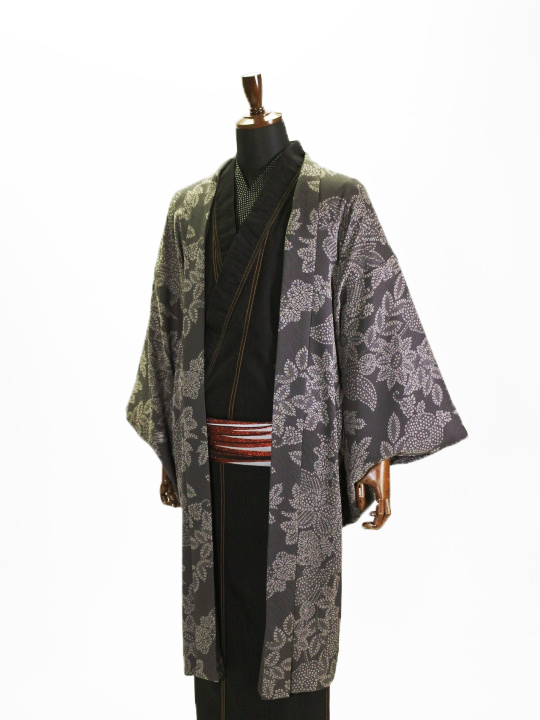 メンズ プレタ単衣羽織PH22-06-01 ギシャ レースブーケ（チャコール