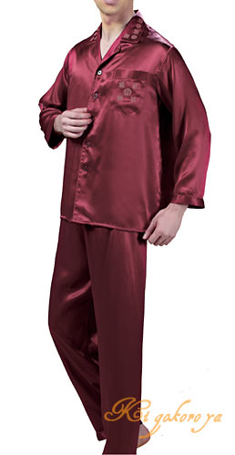シルクパジャマ メンズ 絹100％ 長袖/ワインレッド 無地＆中華刺繍