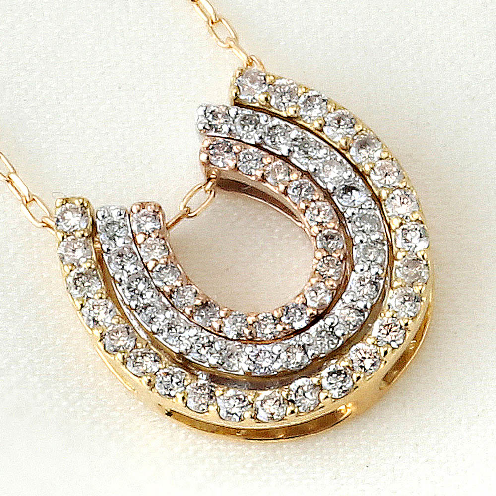 K18スリーカラー ダイヤモンド 馬蹄（ホースシュー）ネックレス（合計