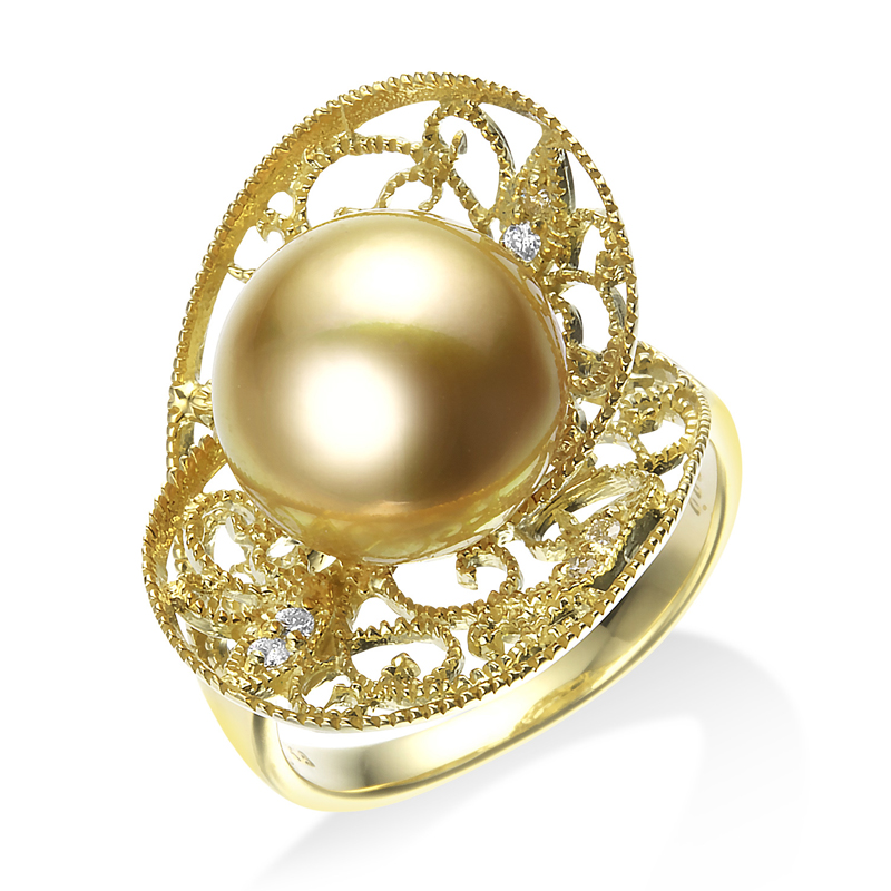 オーロラ茶金 K18 南洋ゴールドパール リング（11.7ミリ D0.08ct・無
