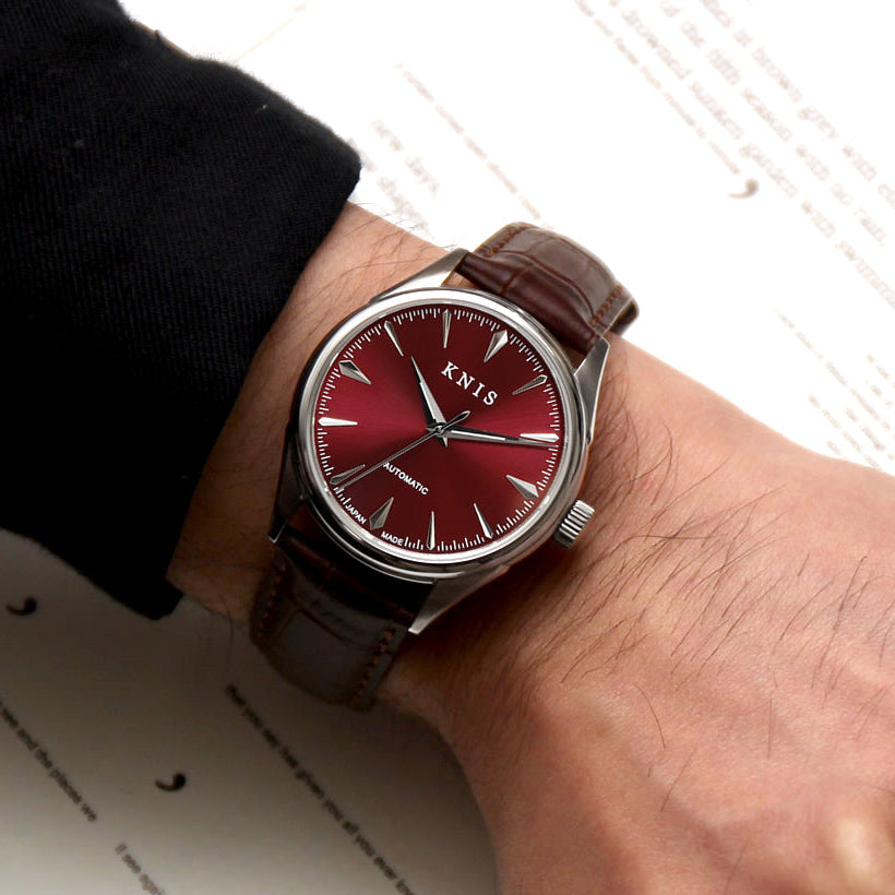 日本製】KNIS ニス 自動巻き腕時計｜レッド ブラウンレザー｜高品質な