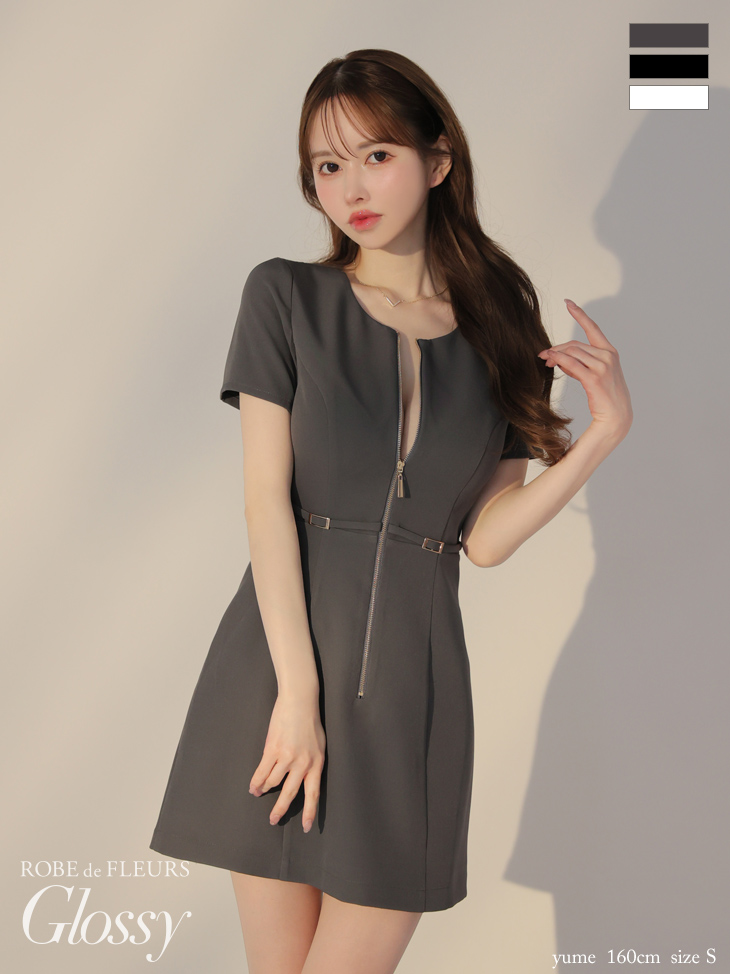 Glossy by ROBE de FLEURS/グロッシー】ジップデザイン 半袖 ベルト