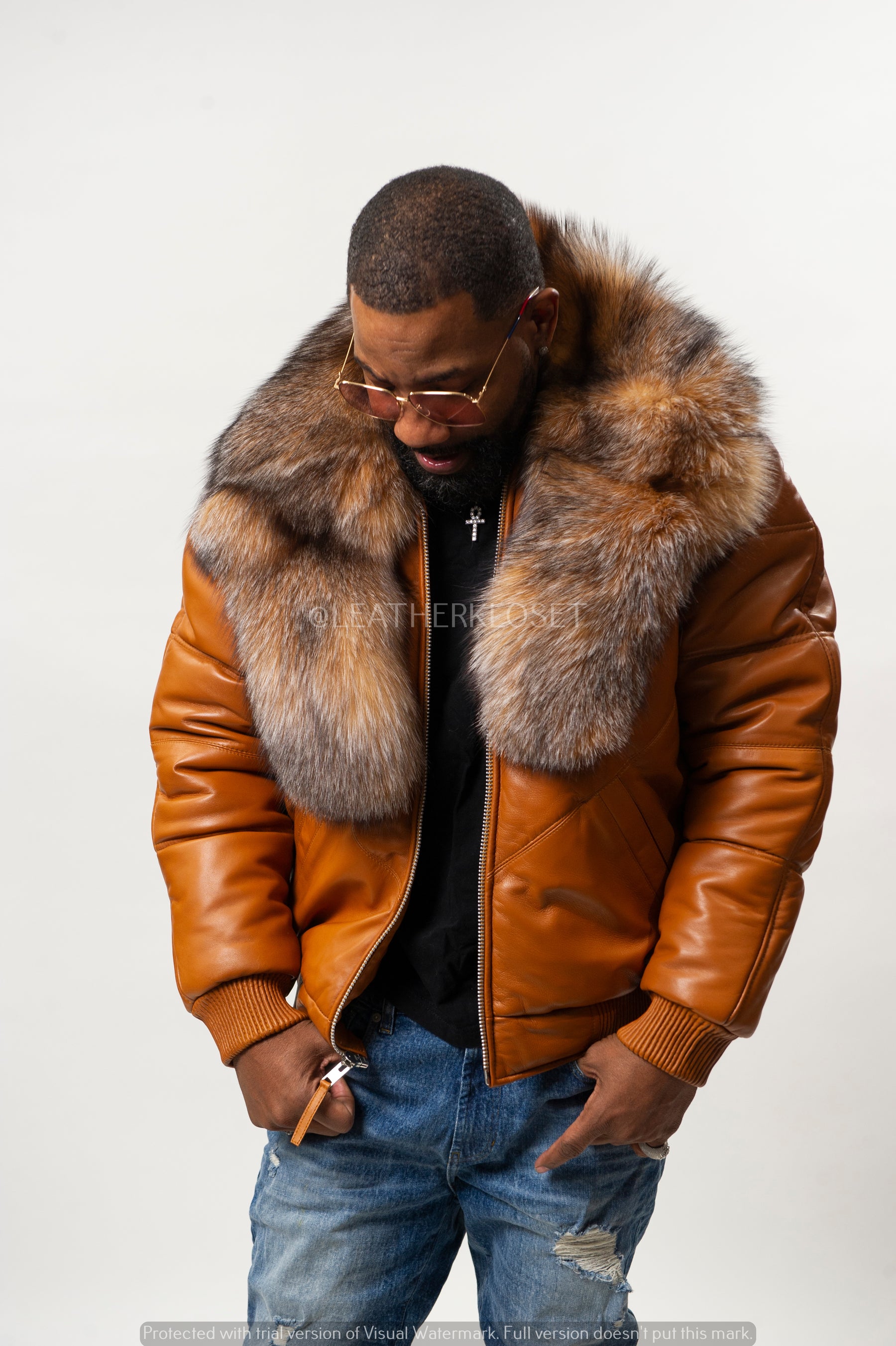 V-Bomber Leather Premium Full Fox Fur Collar [Saddle Brown