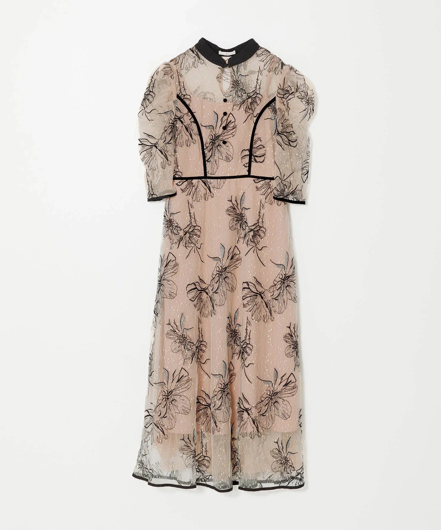 当日発送】パイピングハイネック花柄ラメレースドレス/パーティー