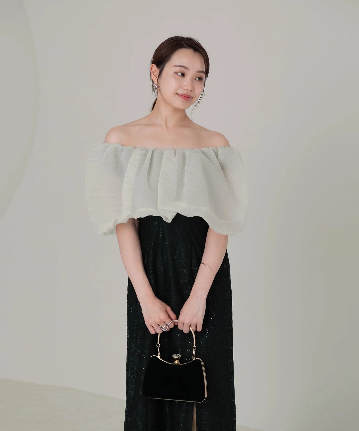 当日発送】2WAYオフショルダーパフスリーブIラインワンピース結婚式ドレス