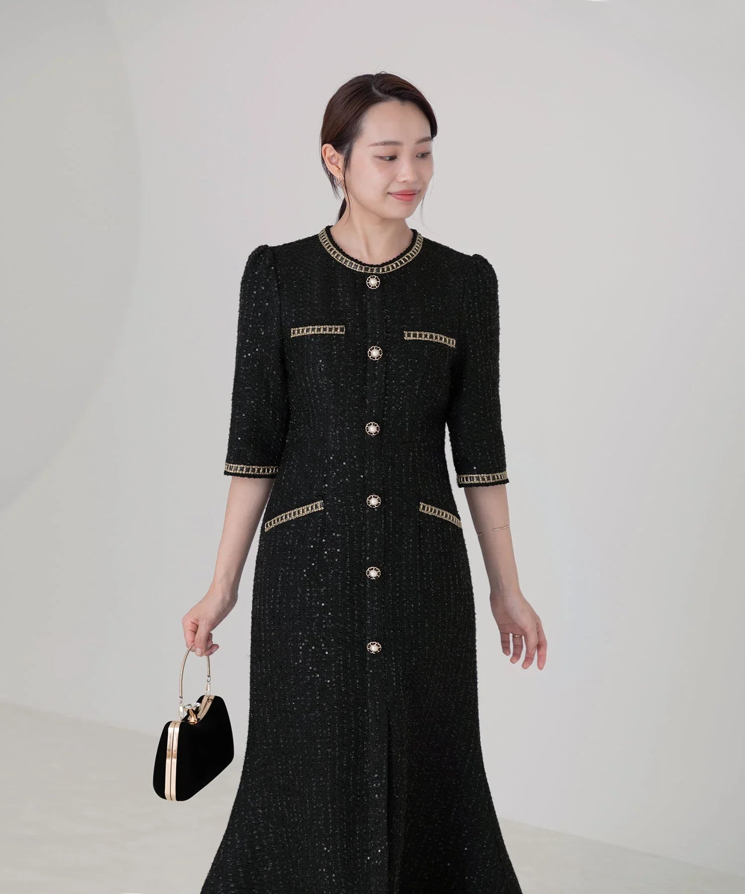 当日発送】ラメツイードレザーパイピングパールマーメイドワンピース