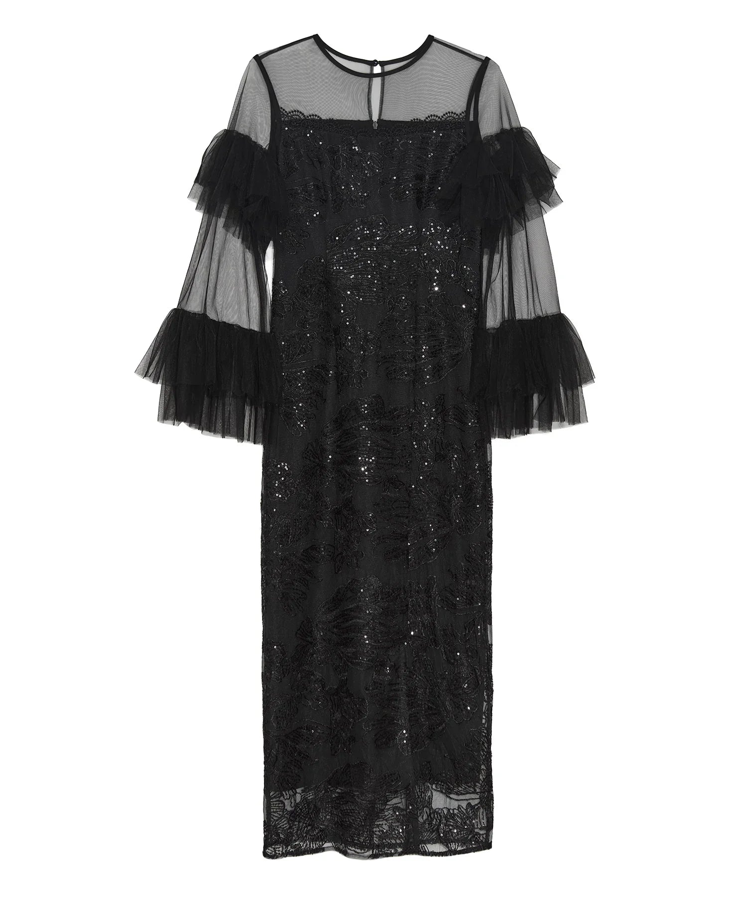 当日発送】フリルチュールスリーブレースIラインワンピースドレス