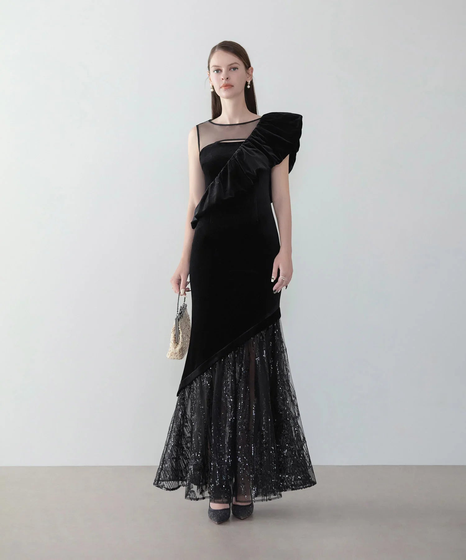 LEJA LUXE】2WAYアシンメトリーフリルベロアマーメイドドレス