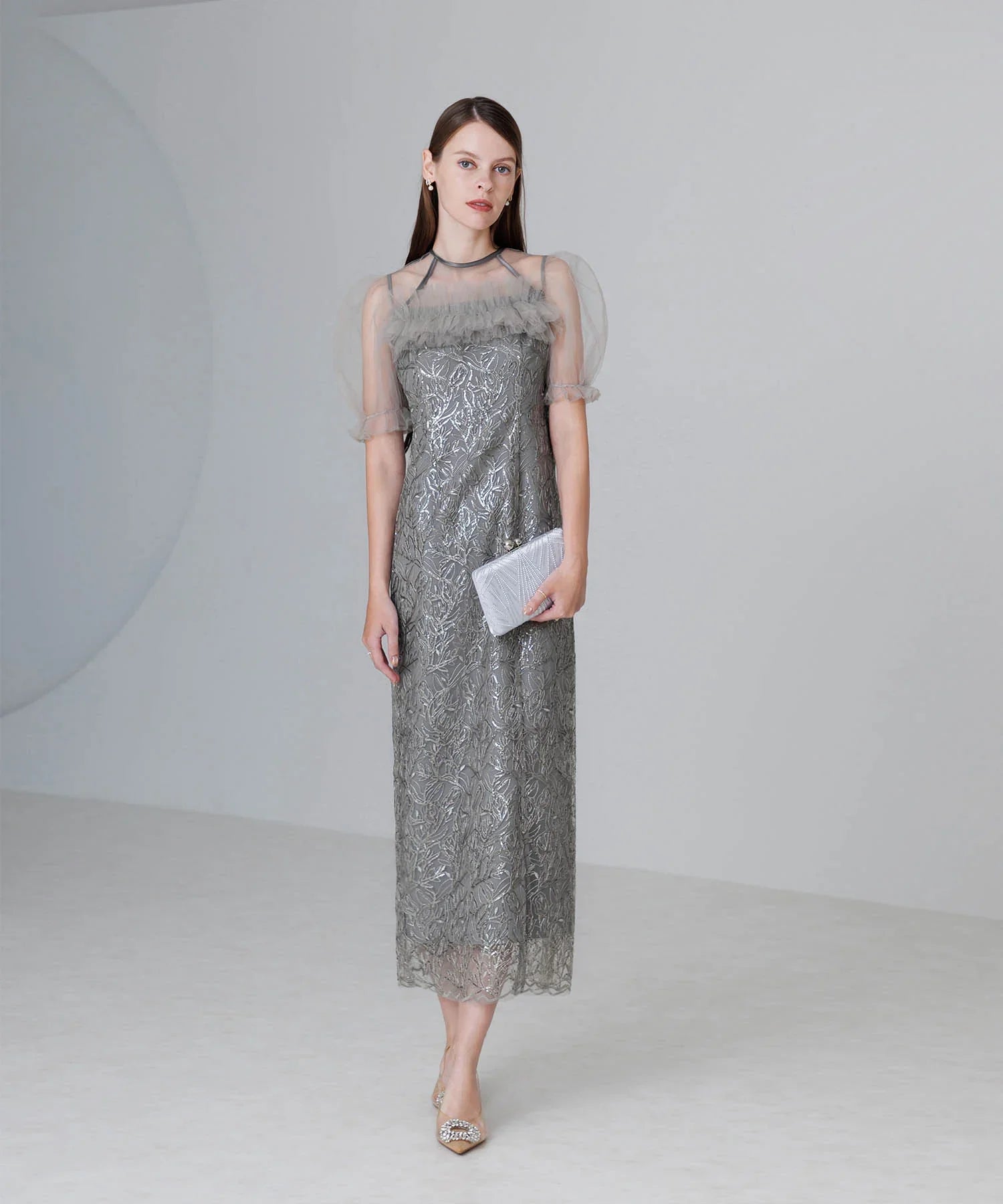 当日発送】チュールフラワースパンコールIラインワンピース結婚式ドレス