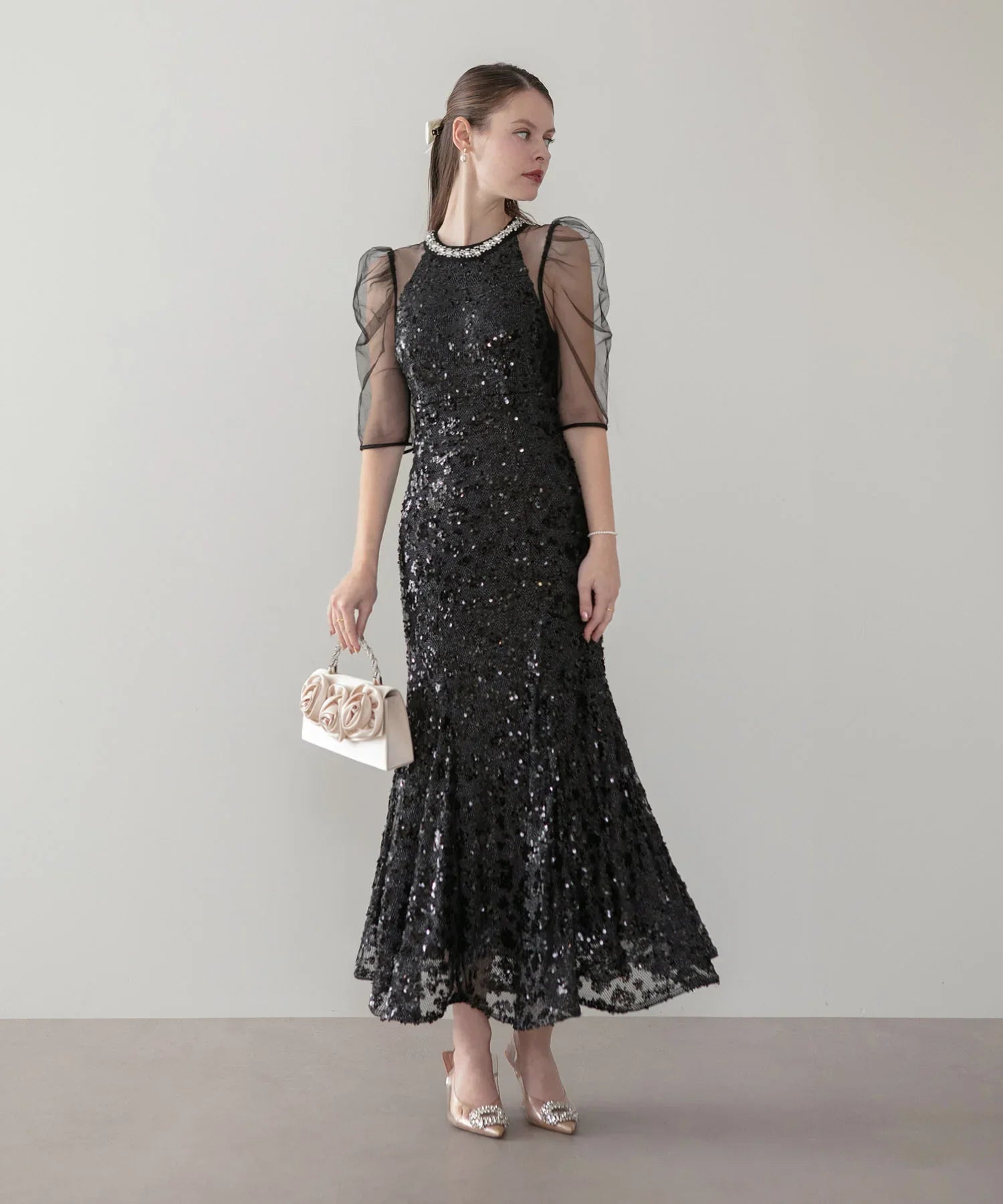 予約販売】ビジューネックスパンコールシアーマーメイドワンピースドレス