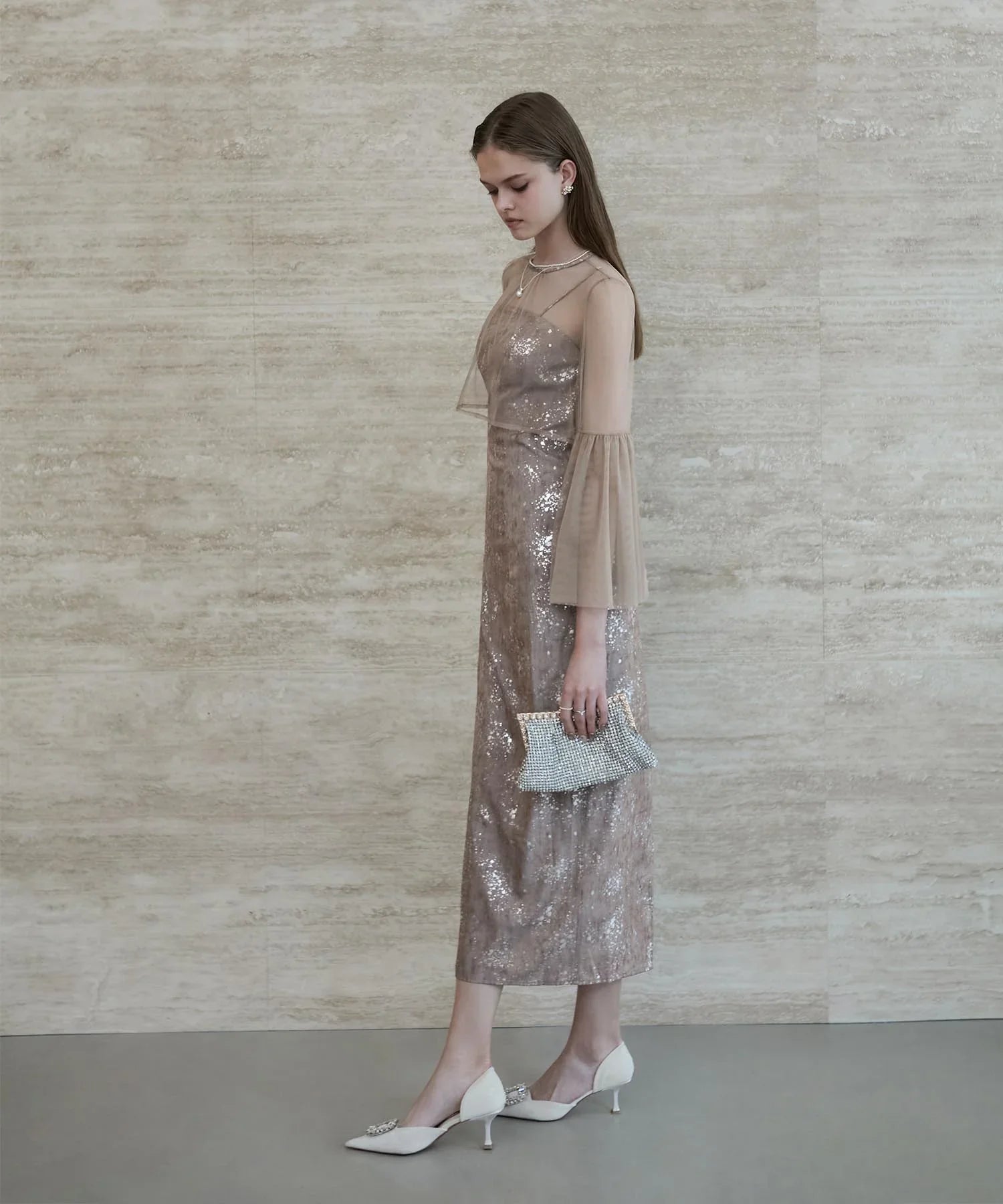 一部当日発送】シアーチュールベルスリーブペイントIラインワンピース