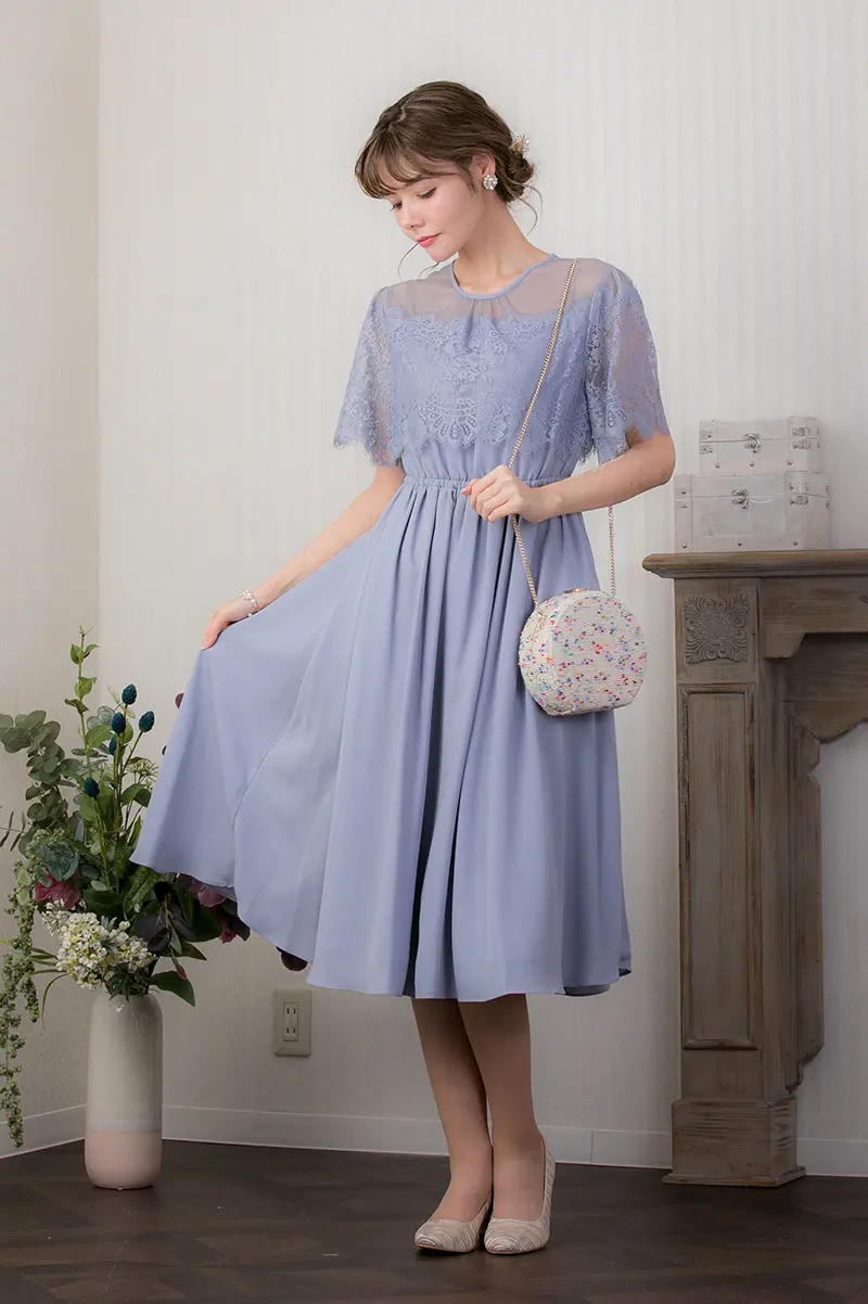 サックスブルーのレース×ドットチュールドレス | Sweet As | M | 結婚