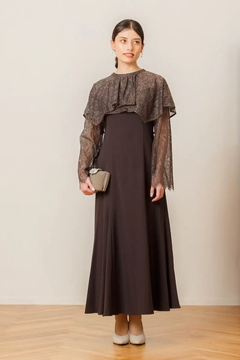 ブラウンのレイヤードケープドレス | ANDRESD | S | 結婚式パーティー