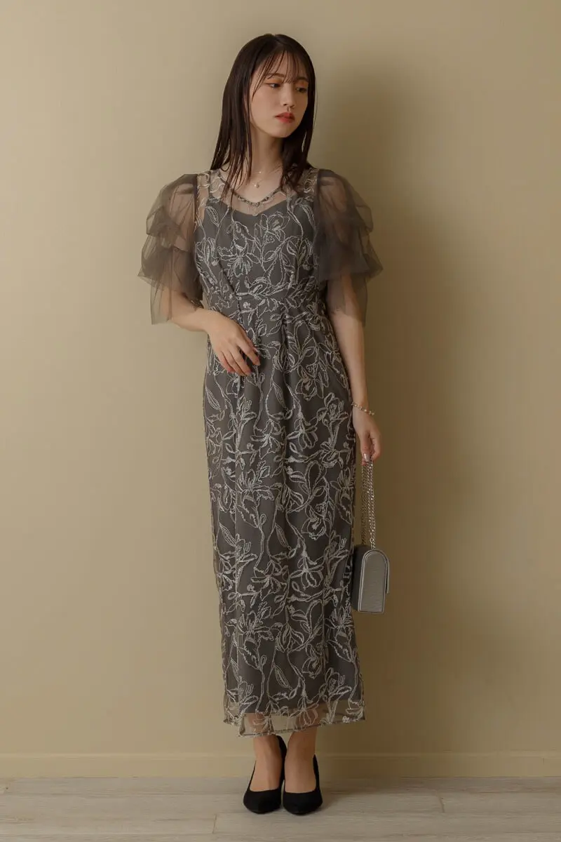 チャコールのフラッフィースリーブペンシルドレス | LE' RURE | S