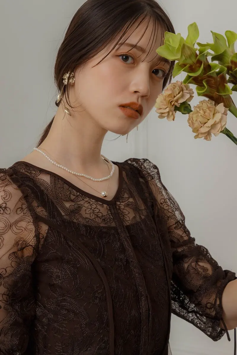 ブラウンのエンブロイダリーレイヤードドレス | Dorry doll | M