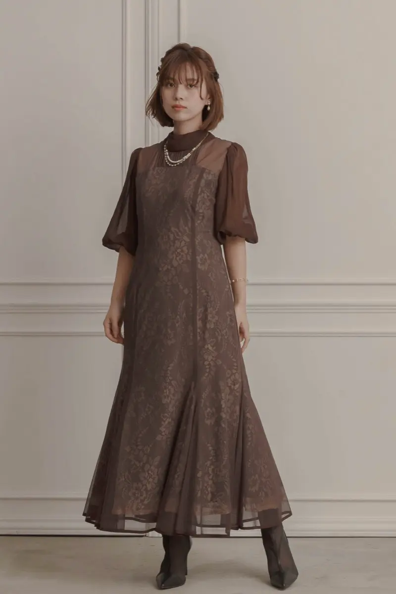 ブラウンのシアーパフスリーブドレス | Dorry doll | M | 結婚式