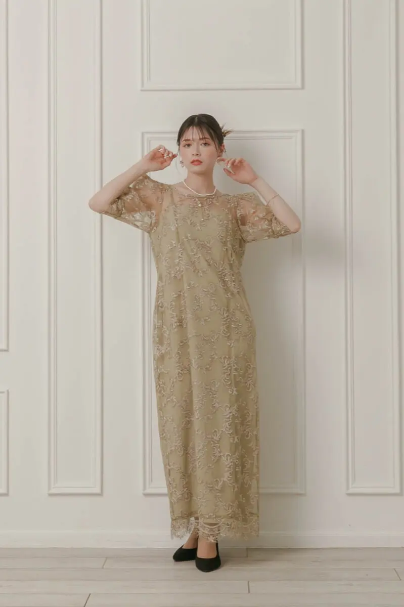 ベージュ×イエローのボックススリーブドレス | LE' RURE | M | 結婚式