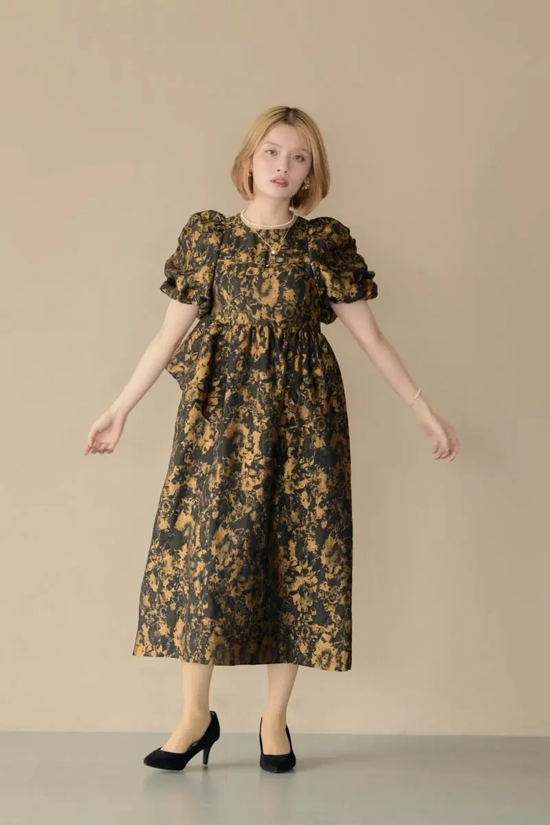 ブロンズのバブルスリーブジャガードドレス | ANDRESD | L～マタニティ