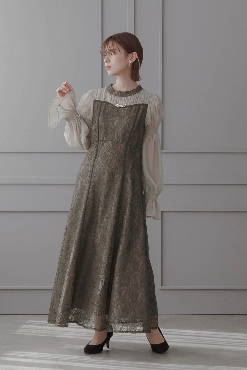 カーキのシャーリングスリーブジャガードドレス | Dorry doll | M