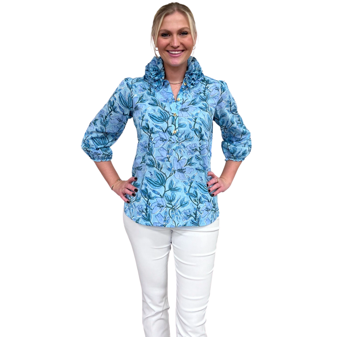 The Maria Ruffle Neck Top in Aqua Floral – Liza Byrd