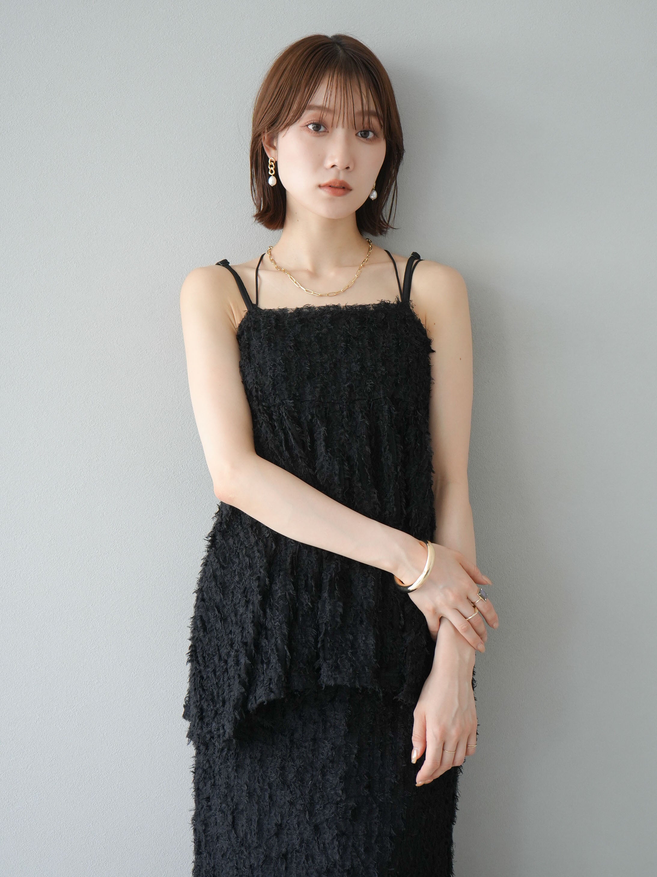 予約]フリンジチュールキャミソール/ブラック – Lumier