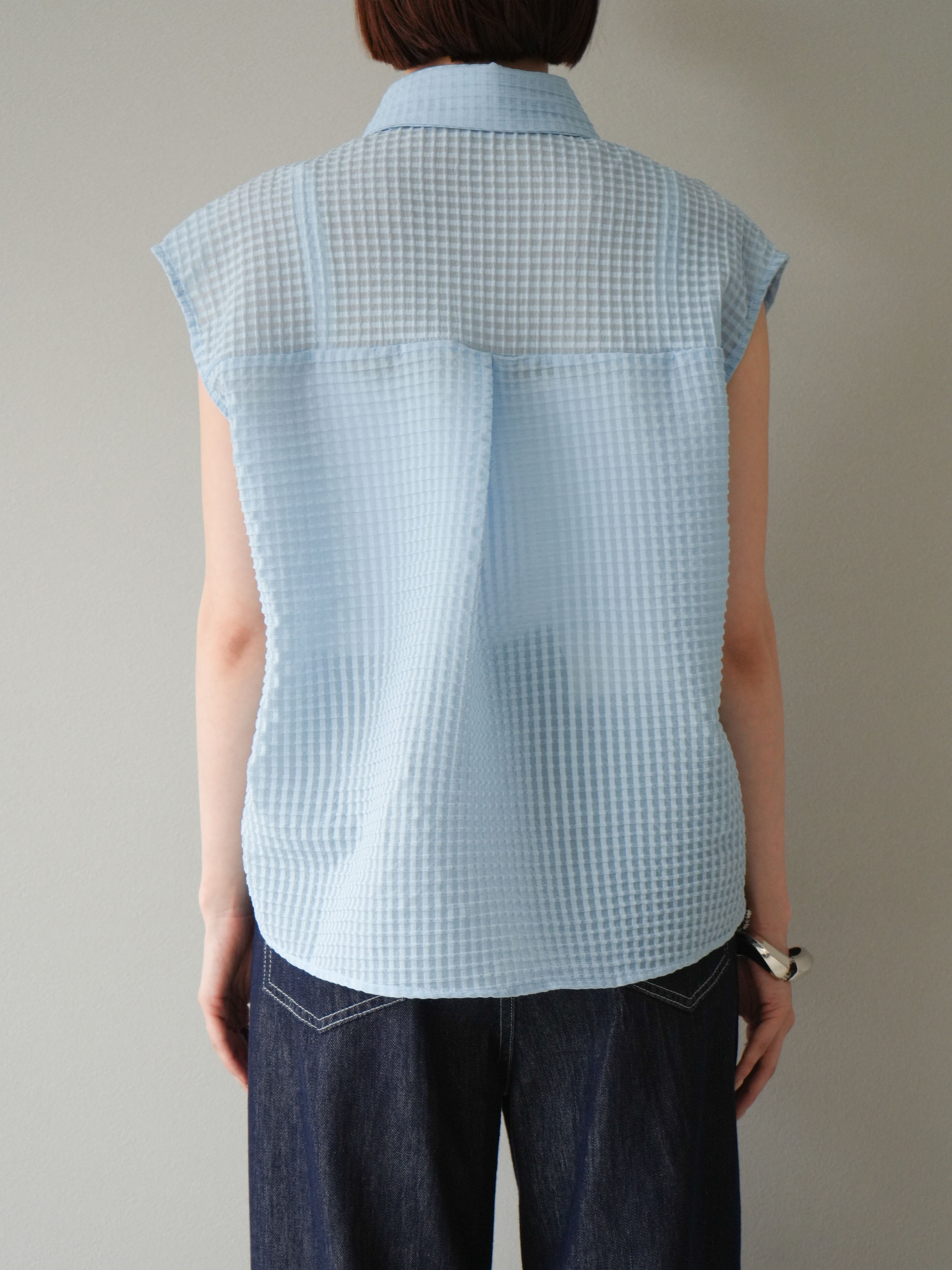 予約]シアーチェックノースリーブシャツ/ライトブルー – Lumier