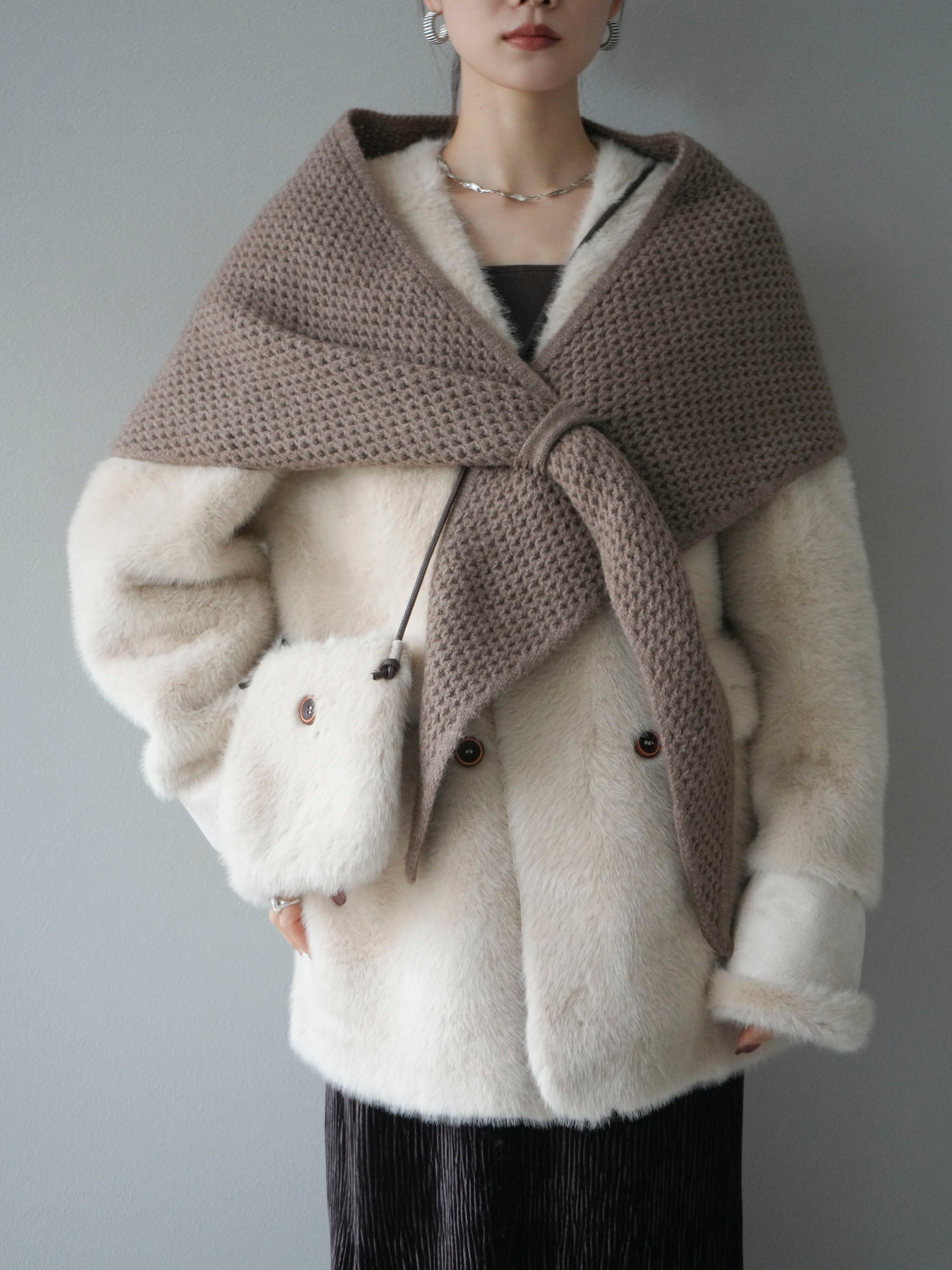 SET]バッグ付エコファーノーカラーコート+選べるアクセセット(2set