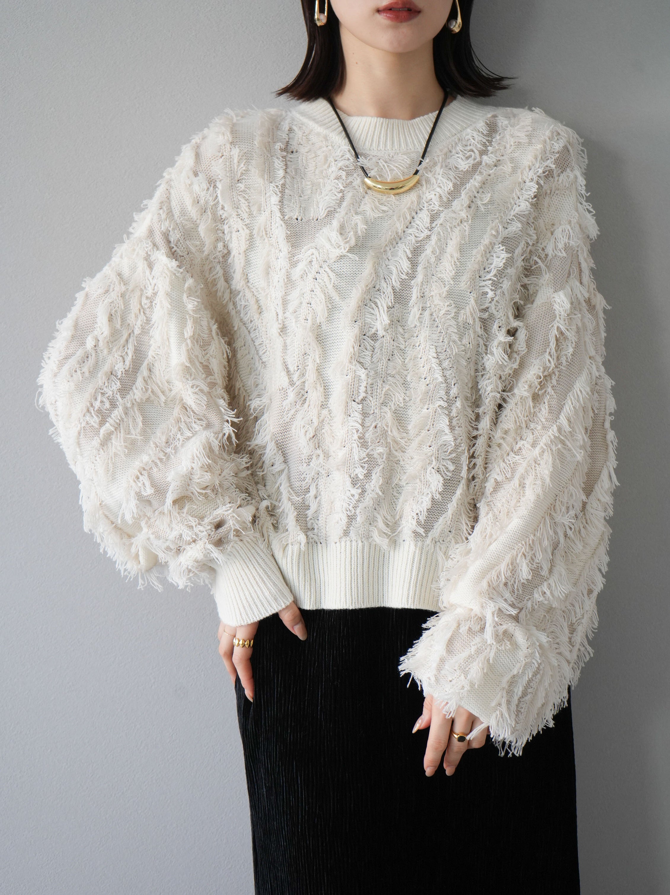 予約]ミックスフリンジニットプルオーバー/アイボリー – Lumier