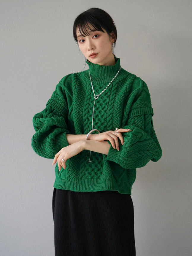 予約]ポリエステルケーブルハイネックニットプルオーバー/グリーン