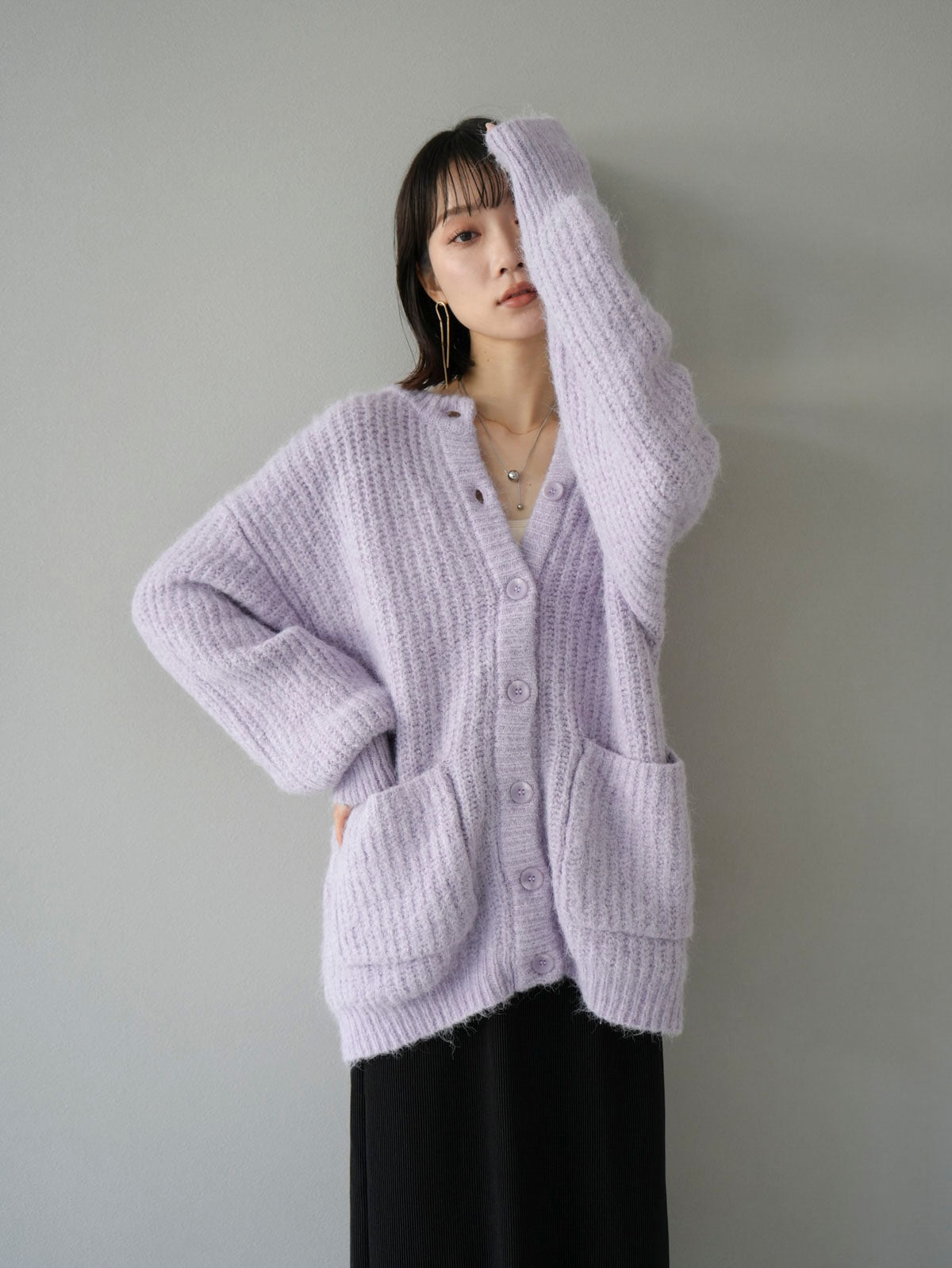 予約]ビッグポケットオーバーニットカーディガン/パープル – Lumier
