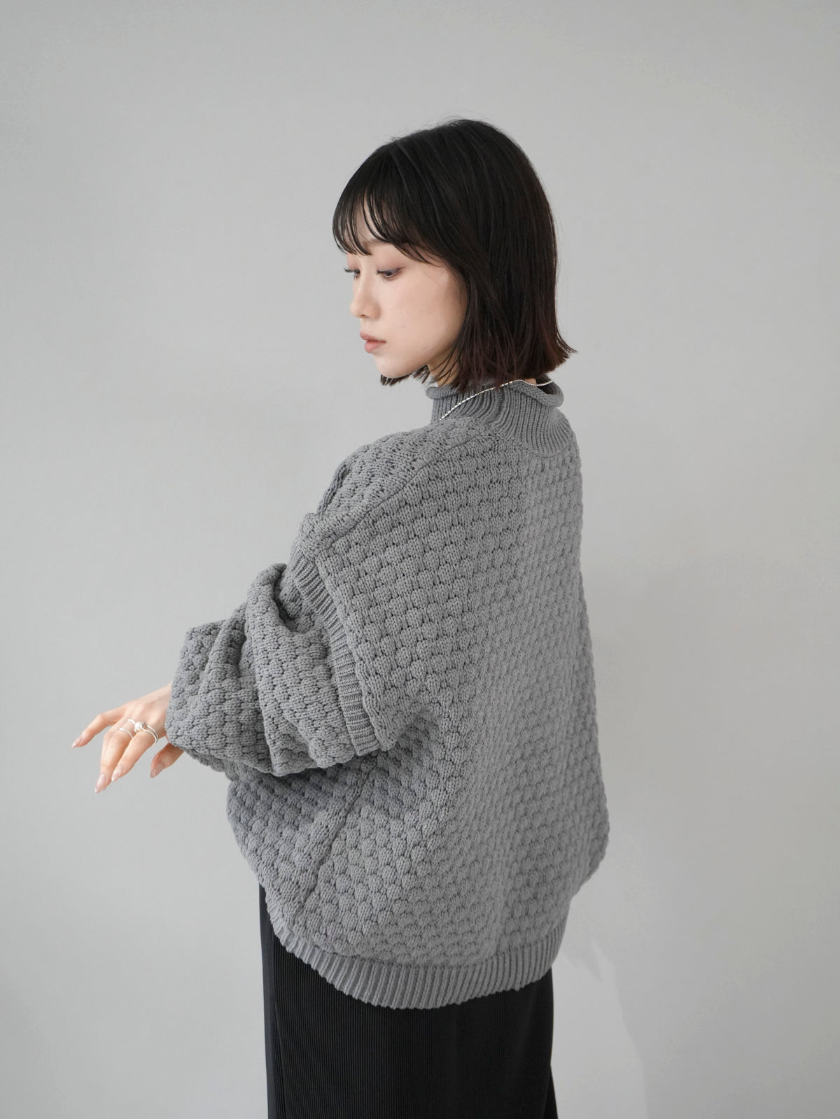 予約]ポップコーンポリエステルハイネックニットプルオーバー/グレー