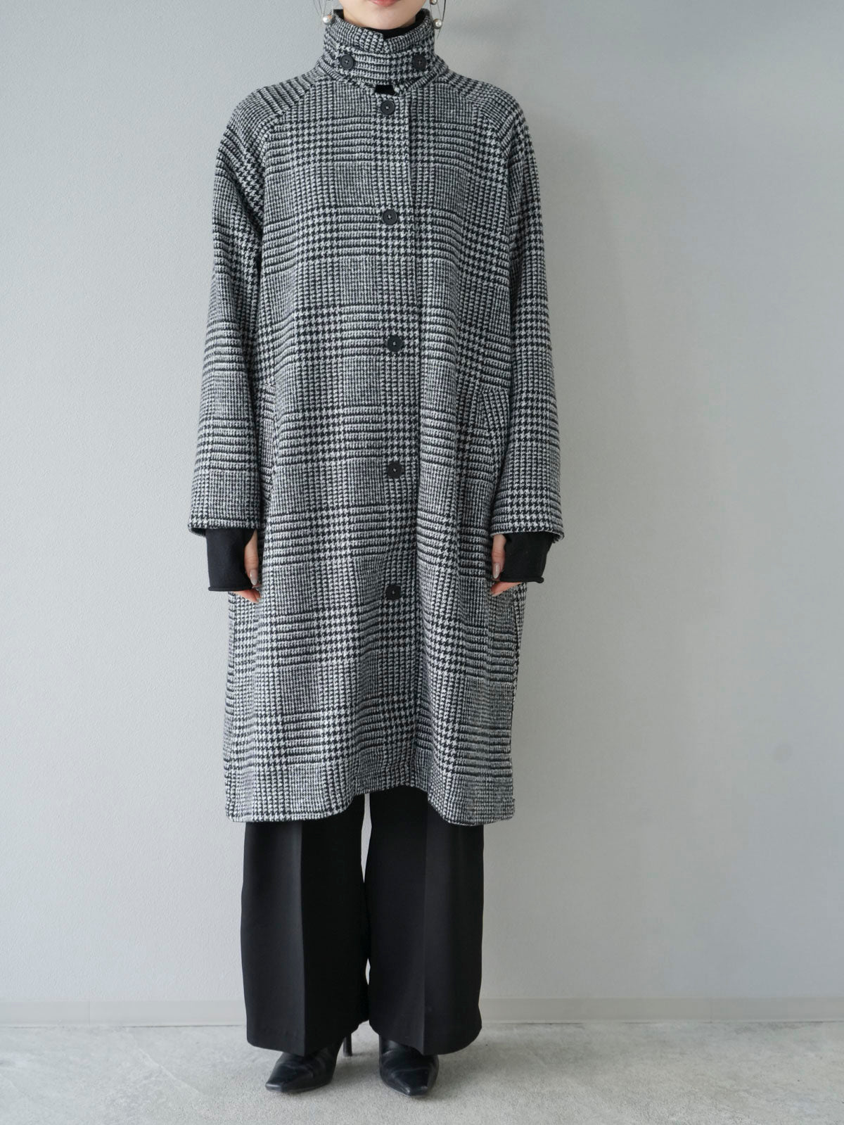 予約]グレンチェックステンカラーミドルコート/ライトグレー – Lumier