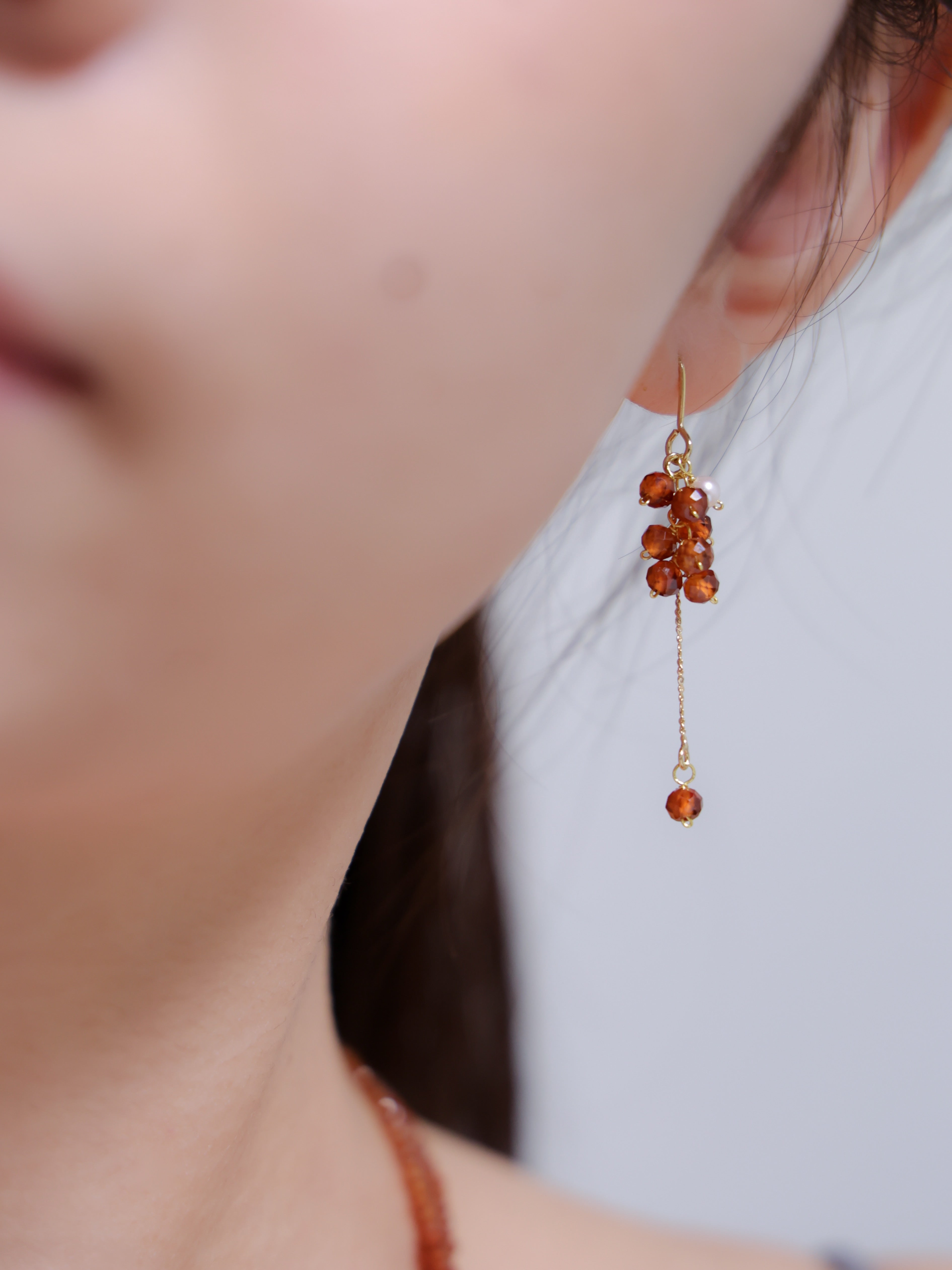 スペサルタイトガーネット & パール ピアス【イヤリング可】太陽の