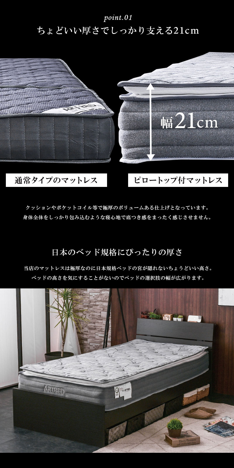 クイーンサイズ 高級 ピロートップ付き ポケットコイル マットレス