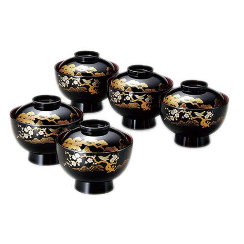 Amazon.co.jp: フタ付き雑煮椀 5客セット 山水蒔絵4.0雑煮椀揃 黒内朱