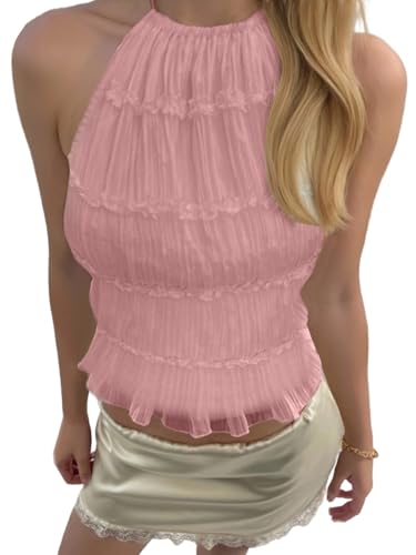 SOLY HUX Open Back Halter Tops for Women Tie Backless Ruffle Crop
