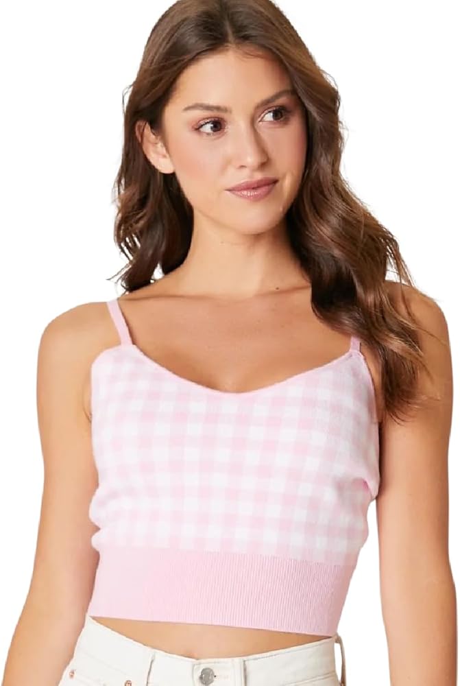 Pink and White Checkered Gingham Knit Tank Top (X-Small) at Amazon