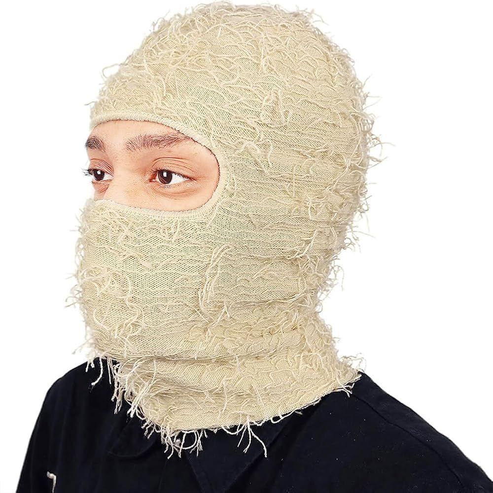 Distressed Balaclava Ski Mask Beige Knitted Balaclava Shiesty Full