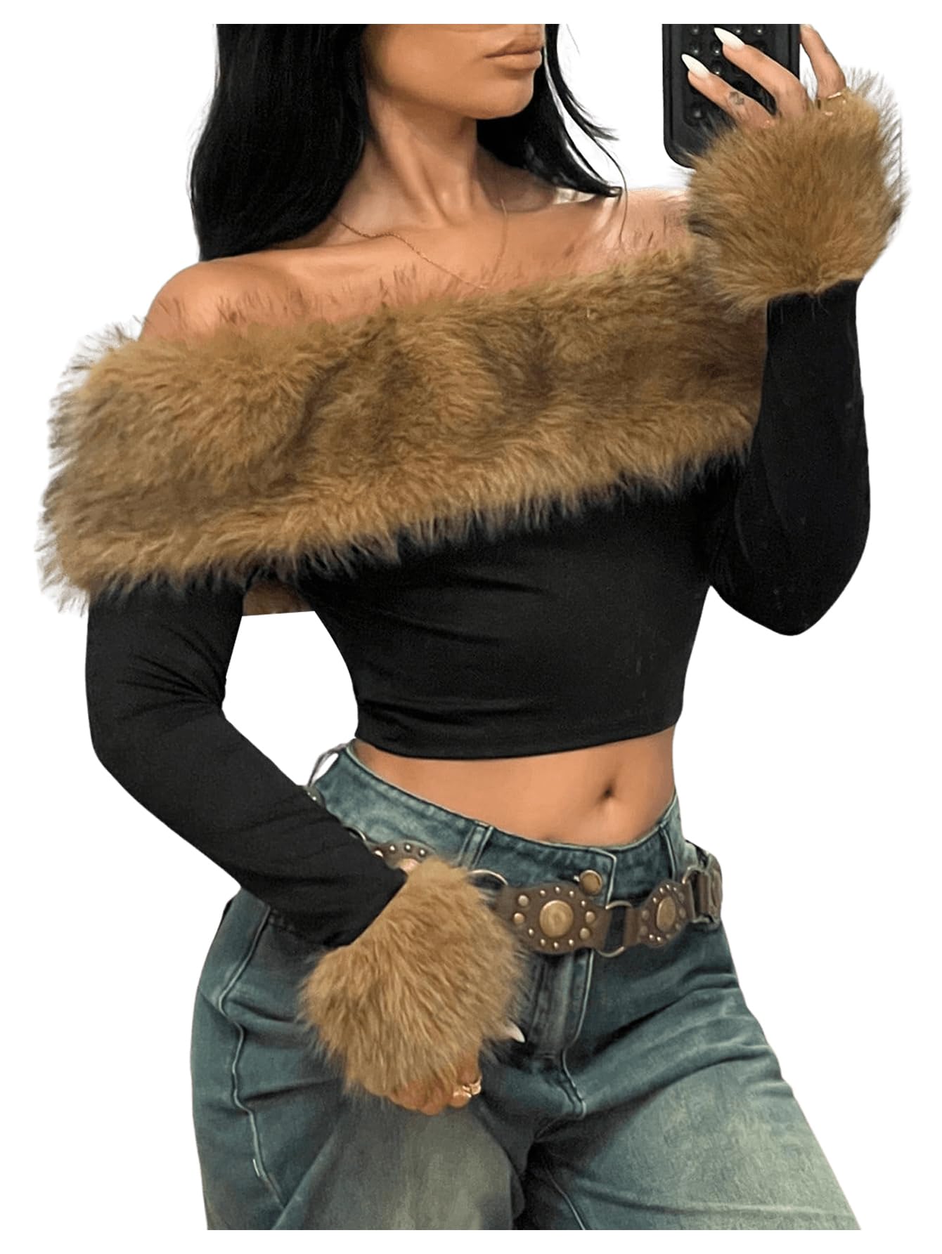 andmary Ravi fur tops black