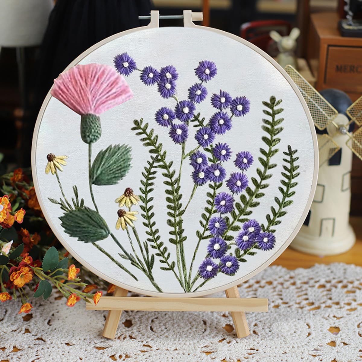 Amazon | 2個プリント刺繍キット 紫の花の刺繍パターン カラフルな花の