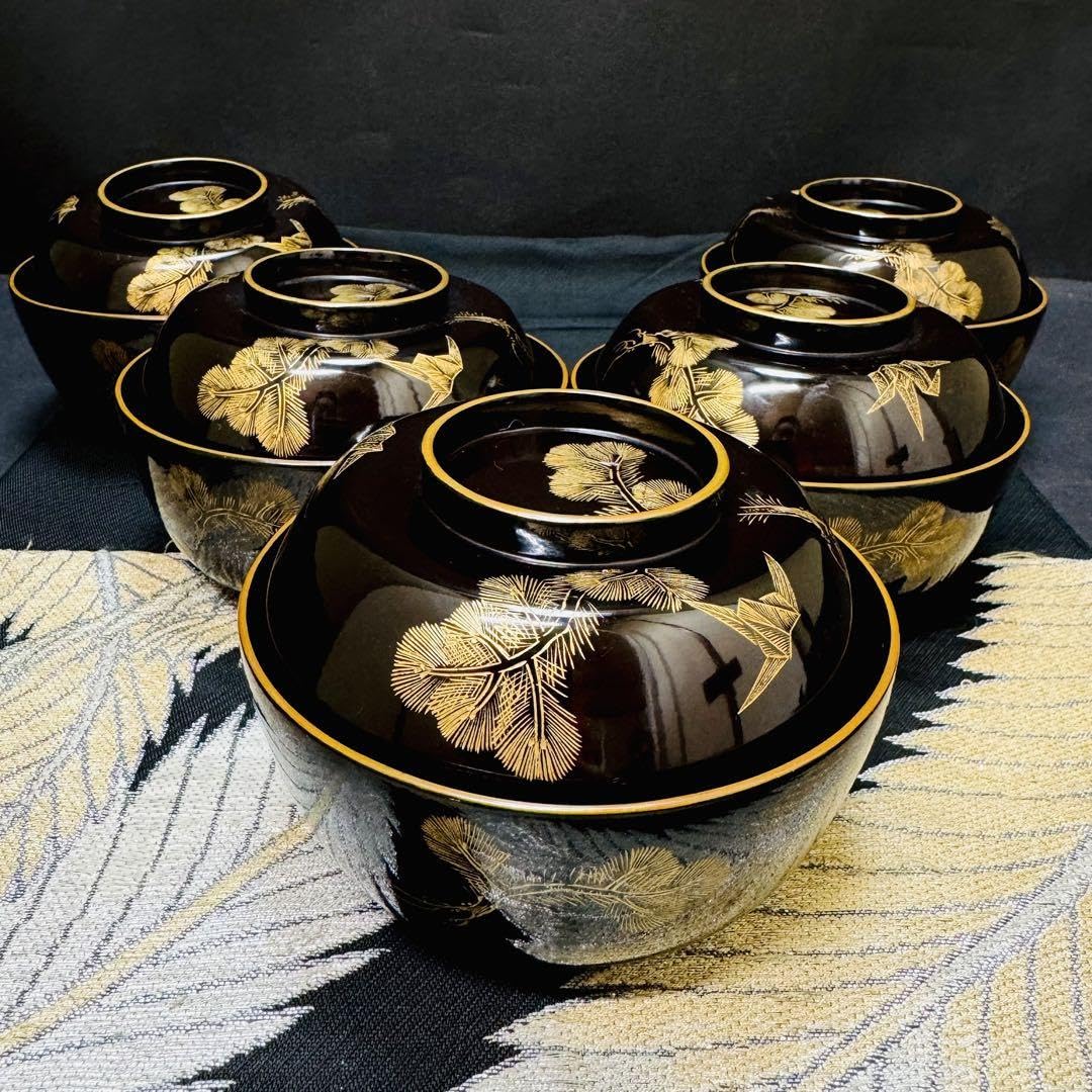 時代 輪島塗牡丹唐草金蒔絵 銘々皿5客組菓子皿 天然木 漆