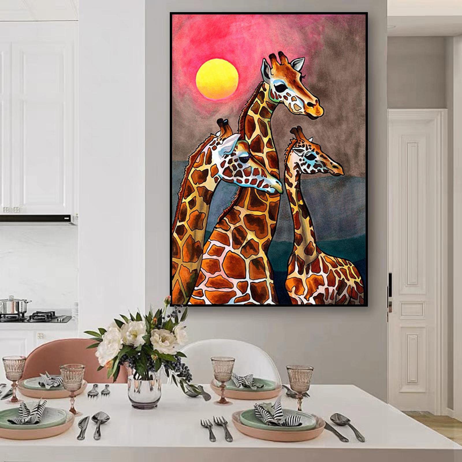 Amazon｜キリンのポスターと版画動物のキャンバスの絵画サンセット風景