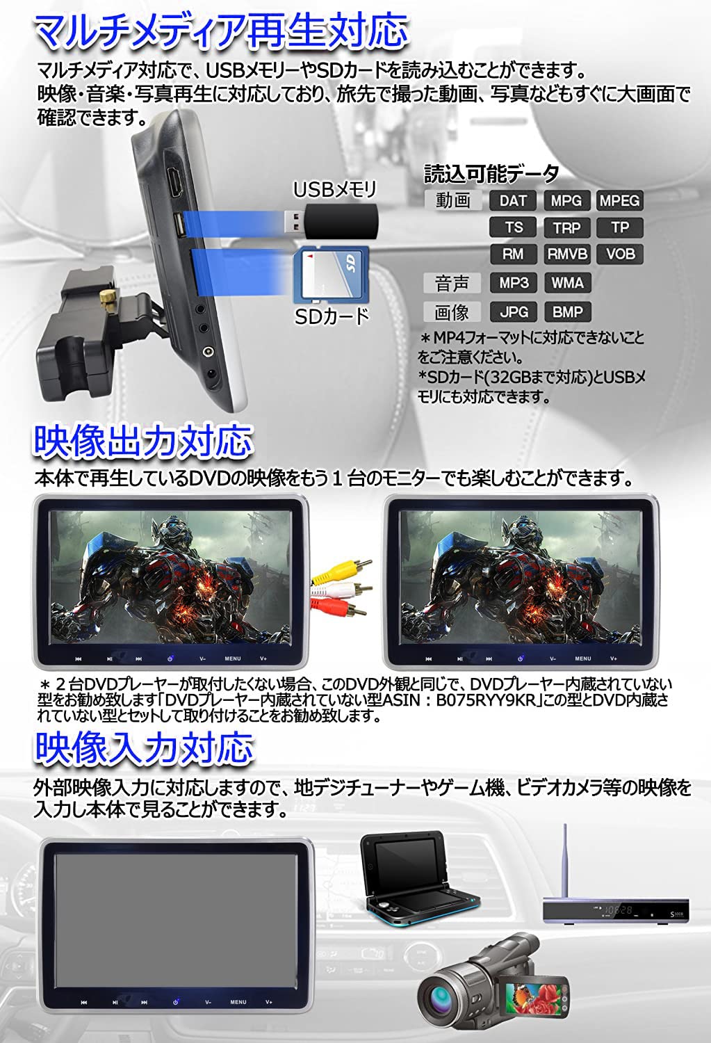 Amazon.co.jp: 10.1ヘッドレストモニター DVDプレーヤー CPRM/HDMI対応