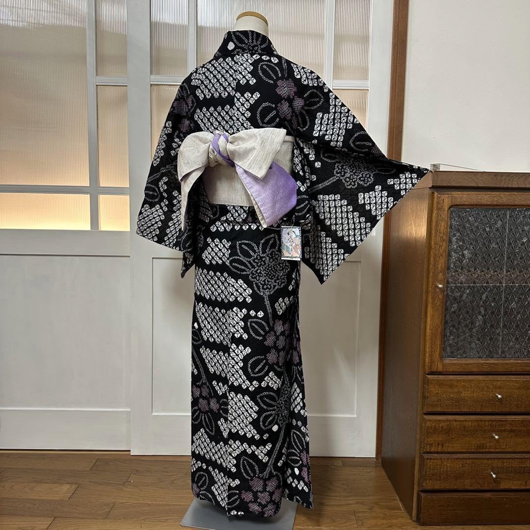 Amazon.co.jp: 有松鳴海絞り 浴衣 ゆかた 黒 花模様 蜘蛛絞り肩 身丈