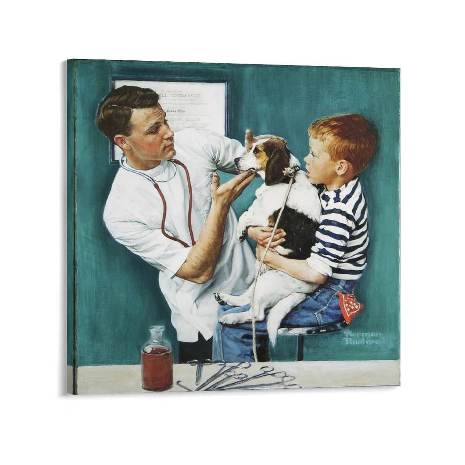 80s ビンテージ ポスター 額装 ノーマンロックウェル 動物病院の待合室