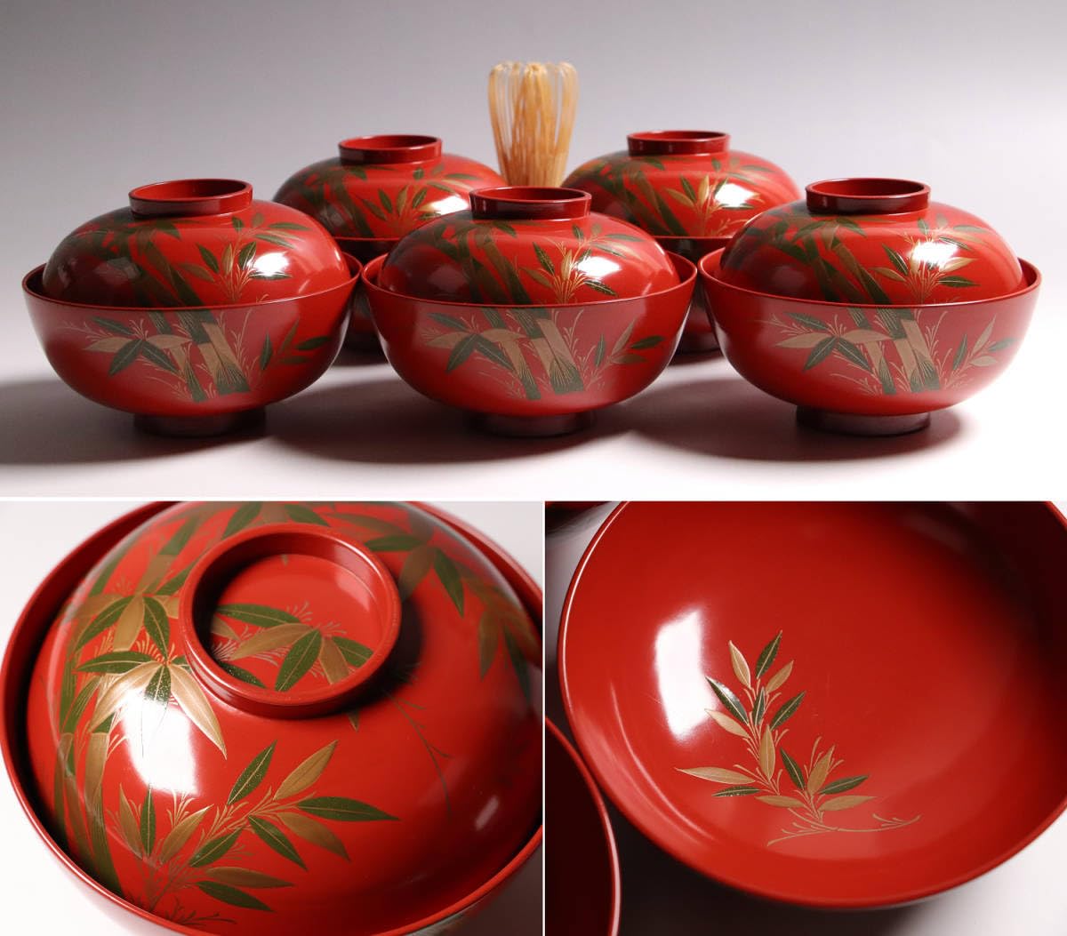 Amazon.co.jp: CG34輪島塗時代木製漆器竹笹蒔絵朱塗御吸物椀五客伝統