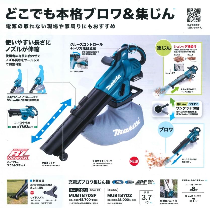 Amazon.co.jp: マキタ 充電式ブロア集塵機 MUB187DZ+A-75524 ワイド